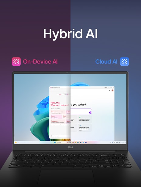Imagen de pantalla dividida que muestra la «AI híbrida» con dos modos distintos: «AI On-Device» a la izquierda, representada por un icono rosa, y «Cloud AI» a la derecha, representada por un icono azul. La pantalla muestra una interfaz de AI que simboliza una funcionalidad de AI sin fisuras en ambos modos