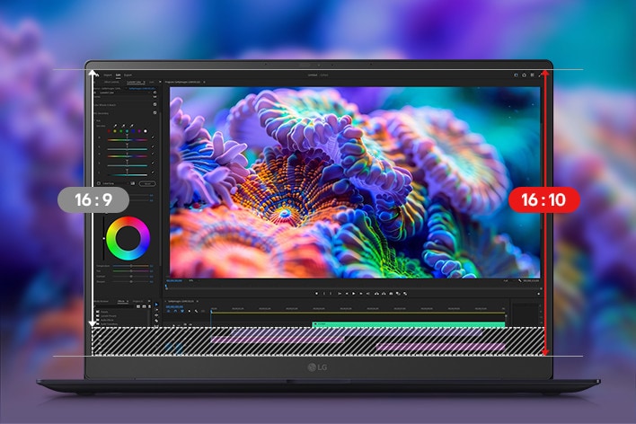 Un portátil mostrando una interfaz de edición de video con un proyecto de diseño colorido en pantalla. Una animación resalta la transición de una relación de aspecto 16:9 a una 16:10, destacando el espacio vertical ampliado que ofrece la relación 16:10