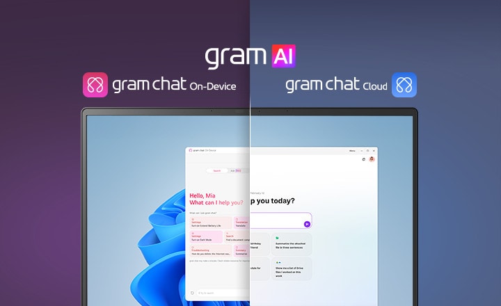 Imagen de pantalla dividida que muestra «gram AI» con dos modos distintos: «gram chat On-Device» a la izquierda, representado por un icono rosa, y «gram chat Cloud» a la derecha, representado por un icono azul. La pantalla muestra una interfaz de IA que simboliza una funcionalidad de IA sin fisuras en ambos modos.