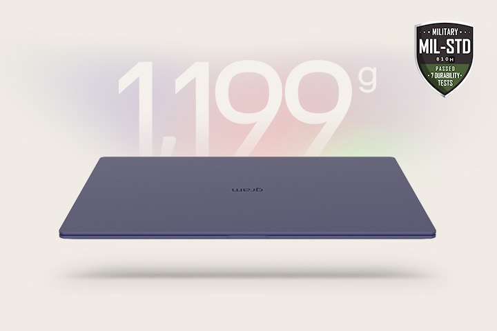Una animación que muestra un portátil ligero con "1.199 g" en el primer fotograma y un grosor de "12,4 mm" en el segundo. Ambos fotogramas incluyen la insignia de durabilidad MIL-STD, destacando su portabilidad y resistencia