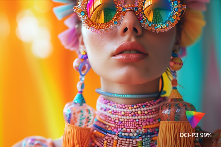 Un primer plano vibrante de una persona con accesorios de colores y gafas de sol reflectantes, que muestra colores vivos y realistas. La imagen enfatiza la gama de colores DCI-P3 99%, destacando la reproducción de colores precisos y ricos
