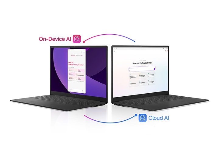 Esta imagen muestra dos portátiles uno al lado del otro, destacando las funciones de AI en el dispositivo y de AI en la nube de gram AI.