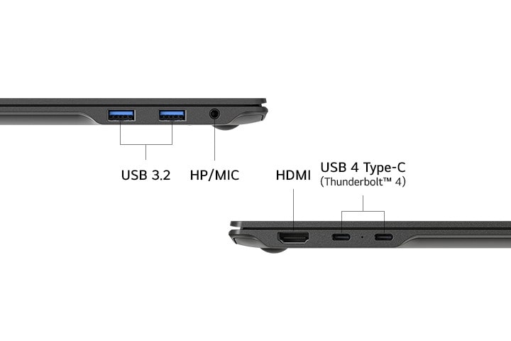 Vista lateral de un portátil que muestra sus puertos, incluidos USB 3.2, conector híbrido de auriculares y micrófono (HP/MIC), HDMI y USB 4 Type-C (Thunderbolt™ 4). El diseño limpio destaca las versátiles opciones de conectividad.