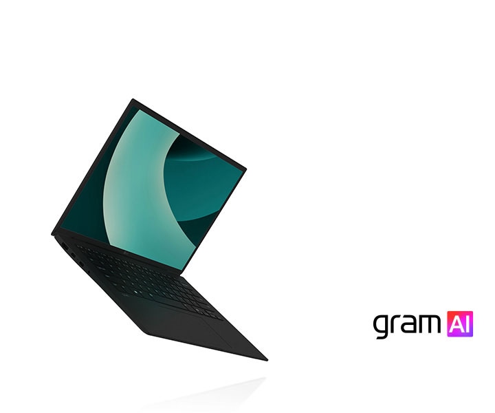 La imagen muestra un portátil LG Gram, destacado por su diseño ultraligero. A la derecha, el texto dice: "El poder de la AI híbrida" con el logo de "gram AI" debajo.
