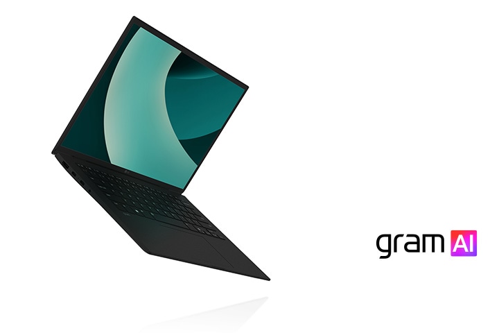 La imagen muestra un portátil LG Gram, destacado por su diseño ultraligero. A la derecha, el texto dice: "El poder de la AI híbrida" con el logo de "gram AI" debajo.