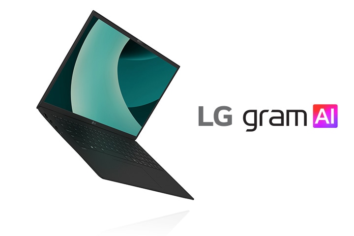 La imagen muestra un portátil LG Gram, destacado por su diseño ultraligero. A la derecha, el texto dice: "El poder de la AI híbrida" con el logo de "gram AI" debajo.