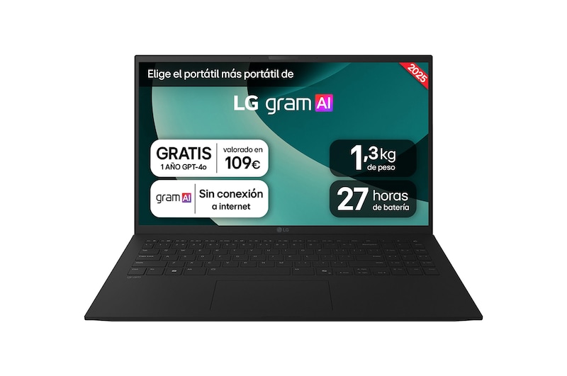 Vista frontal de Portátil 15" LG gram - 15ZD80T, AMD Ryzen™ AI 7, 16 GB RAM, 512 GB SSD, Panel IPS FHD, Ligero 1,3 Kg, 27h, Negro 15ZD80T-G.AX55B