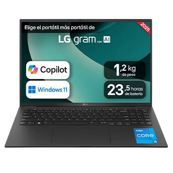 Vista frontal de Portátil 16&#34; LG gram - 16Z90RU, Windows 11, Intel® Core™ i5, 16 GB RAM, 512 GB SSD, Panel IPS WQXGA (2560x1600), Ligero 1,2 kg,  23,5 h, Negro 16Z90RU-G.AP55B