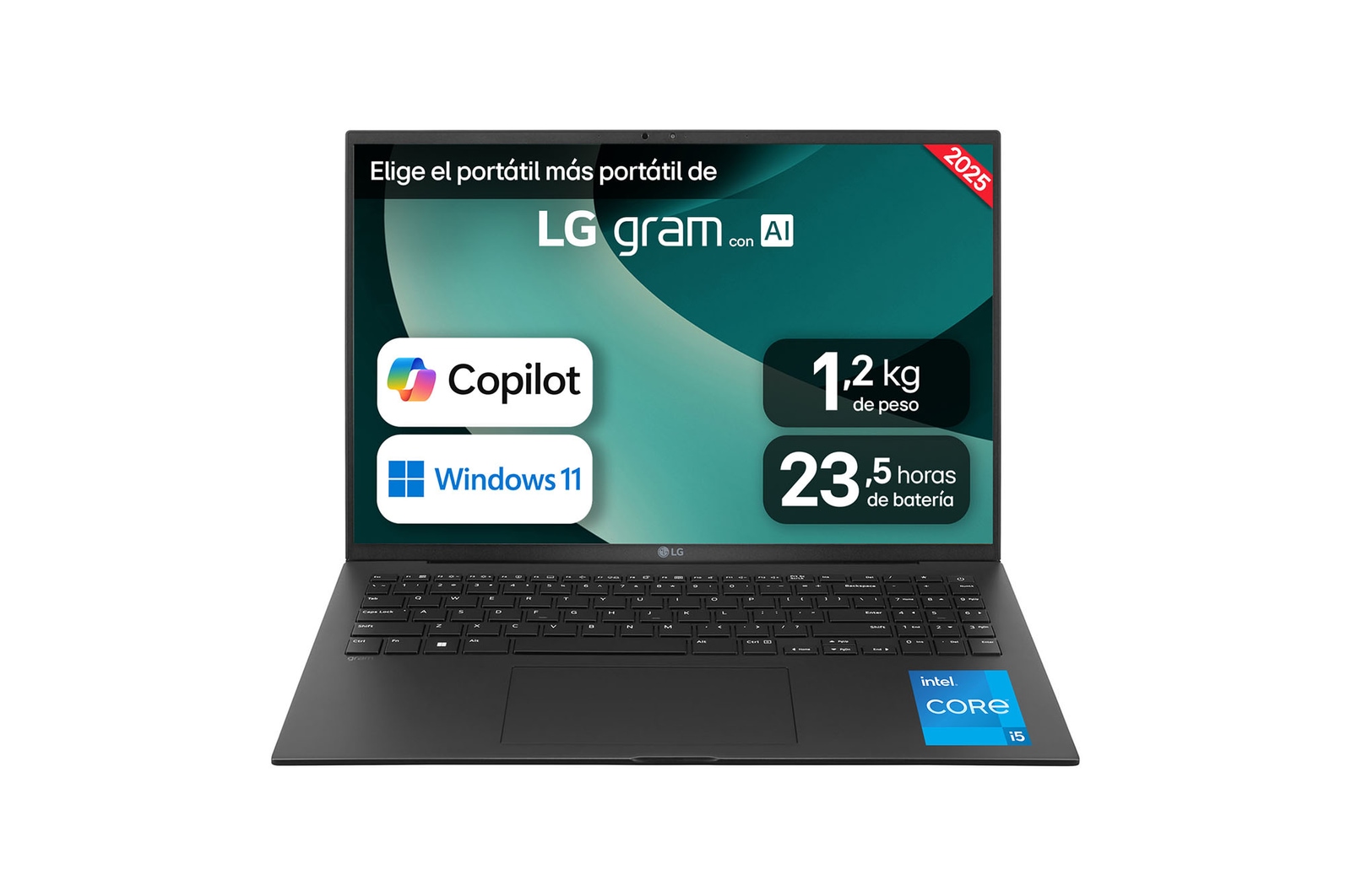 Vista frontal de Portátil 16&#34; LG gram - 16Z90RU, Windows 11, Intel® Core™ i5, 16 GB RAM, 512 GB SSD, Panel IPS WQXGA (2560x1600), Ligero 1,2 kg,  23,5 h, Negro 16Z90RU-G.AP55B