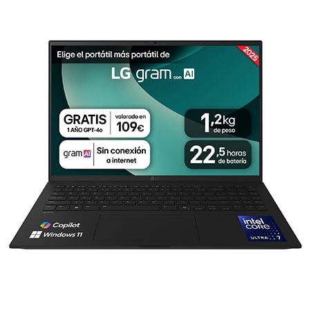 Portátil 16″ LG gram – 16Z90T, Windows 11, Intel® Core™ Arrow Lake, 16 GB RAM, 1 TB SSD, Panel IPS WQXGA (2560×1600), Ligero 1,2 kg, 22,5 h, Negro – 16Z90T-G.AA78B
