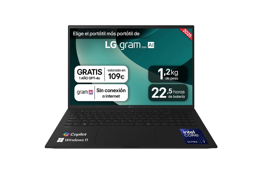 LG Portátil 16" LG gram - 16Z90T, Windows 11, Intel® Core™ Arrow Lake, 16 GB RAM, 1 TB SSD, Panel IPS WQXGA (2560x1600), Ligero 1,2 kg,  22,5 h, Negro, 16Z90T-G.AA78B