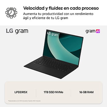 LG Portátil 16" LG gram - 16Z90T, Windows 11, Intel® Core™ Arrow Lake, 16 GB RAM, 1 TB SSD, Panel IPS WQXGA (2560x1600), Ligero 1,2 kg,  22,5 h, Negro, 16Z90T-G.AA78B