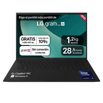 Vista frontal de Portátil 16&#34; LG gram - 16Z90TL, Windows 11, Intel® Core™ Lunar Lake, 16 GB RAM, 1 TB SSD, Panel IPS WQXGA (2560x1600), Ligero 1,2kg, 28,5 h, Negro 16Z90TL-G.AS58B