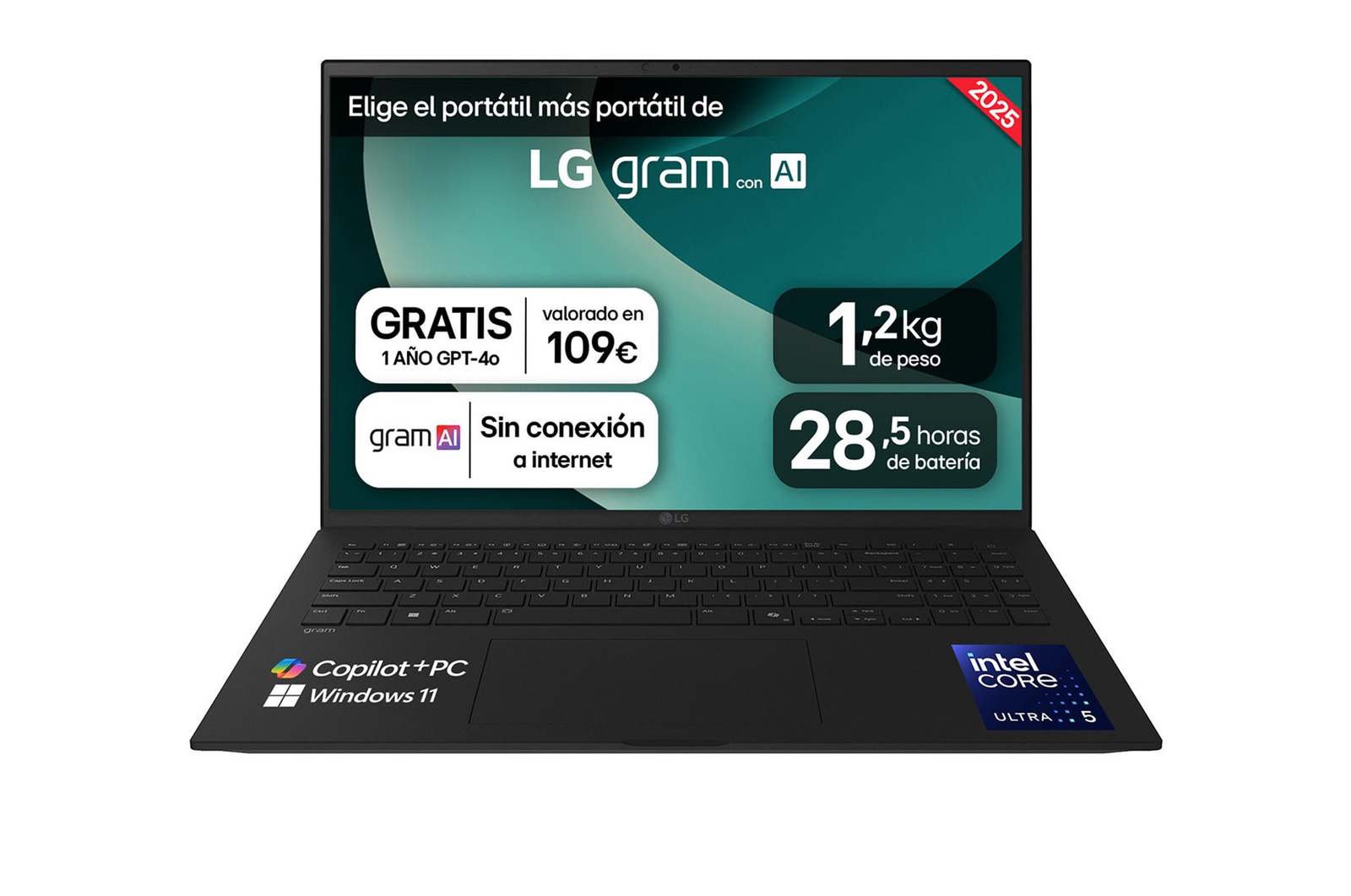 Vista frontal de Portátil 16&#34; LG gram - 16Z90TL, Windows 11, Intel® Core™ Lunar Lake, 16 GB RAM, 1 TB SSD, Panel IPS WQXGA (2560x1600), Ligero 1,2kg, 28,5 h, Negro 16Z90TL-G.AS58B