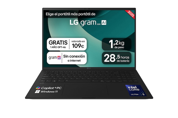 LG Portátil 16" LG gram - 16Z90TL, Windows 11, Intel® Core™ Lunar Lake, 16 GB RAM, 1 TB SSD, Panel IPS WQXGA (2560x1600), Ligero 1,2kg, 28,5 h, Negro, 16Z90TL-G.AS58B