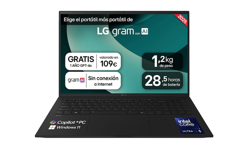 Vista frontal de Portátil 16" LG gram - 16Z90TL, Windows 11, Intel® Core™ Lunar Lake, 16 GB RAM, 1 TB SSD, Panel IPS WQXGA (2560x1600), Ligero 1,2kg, 28,5 h, Negro 16Z90TL-G.AS58B