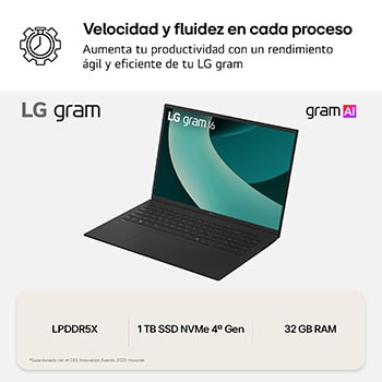 LG Portátil 16" LG gram - 16Z90TL, Windows 11, Intel® Core™ Lunar Lake, 16 GB RAM, 1 TB SSD, Panel IPS WQXGA (2560x1600), Ligero 1,2kg, 28,5 h, Negro, 16Z90TL-G.AS58B