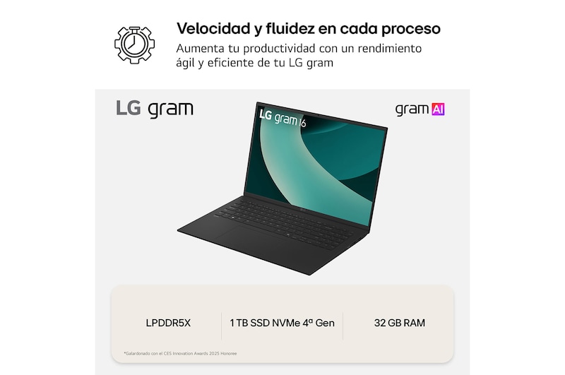 LG Portátil 16" LG gram - 16Z90TL, Windows 11, Intel® Core™ Lunar Lake, 16 GB RAM, 1 TB SSD, Panel IPS WQXGA (2560x1600), Ligero 1,2kg, 28,5 h, Negro, 16Z90TL-G.AS58B