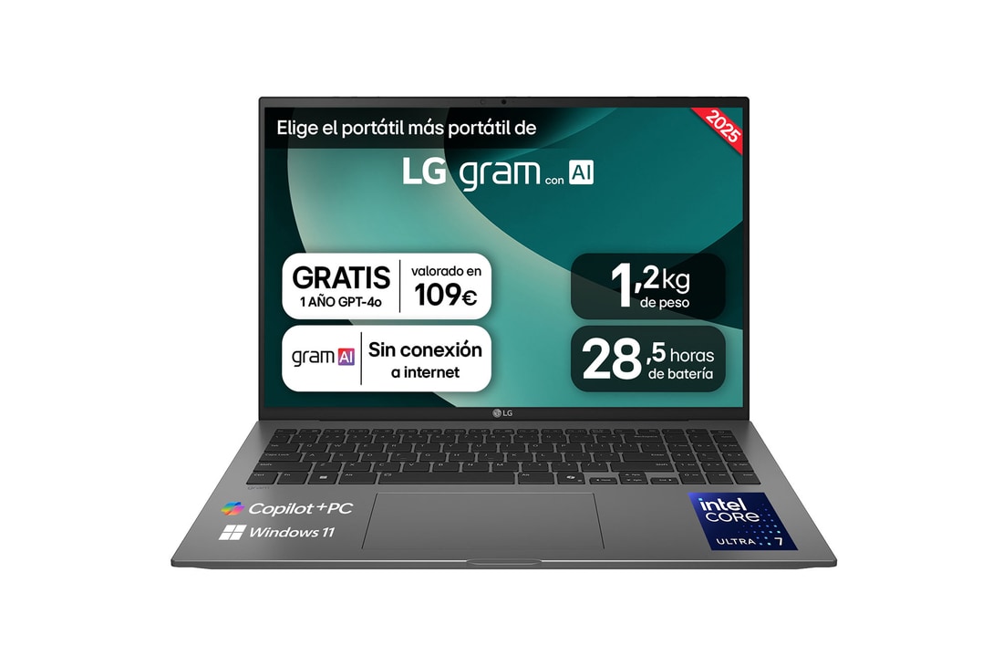 LG Portátil 16" LG gram - 16Z90TL, Windows 11, Intel<sup>®</sup> Core™ Lunar Lake, 32 GB RAM, 1 TB SSD, Panel IPS WQXGA (2560x1600), Ligero 1,2kg, 28,5 h, Negro, 16Z90TL-G.AU88B