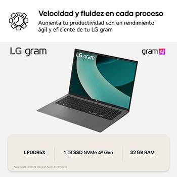 LG Portátil 16" LG gram - 16Z90TL, Windows 11, Intel<sup>®</sup> Core™ Lunar Lake, 32 GB RAM, 1 TB SSD, Panel IPS WQXGA (2560x1600), Ligero 1,2kg, 28,5 h, Negro, 16Z90TL-G.AU88B