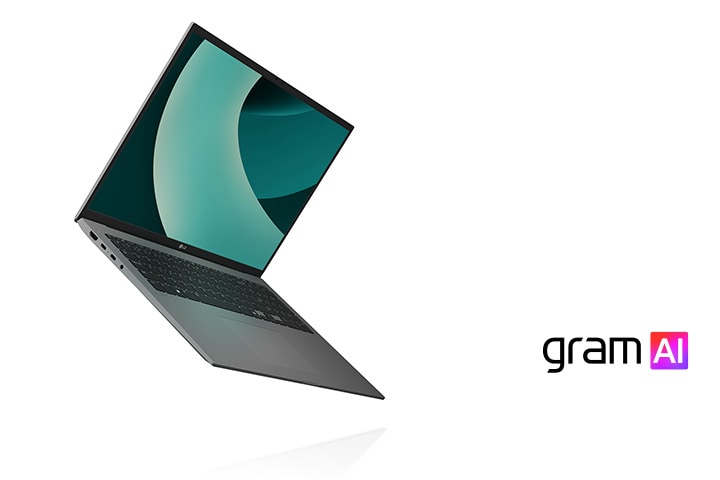 La imagen muestra un portátil LG Gram, destacado por su diseño ultraligero. A la derecha, el texto dice: "El poder de la AI híbrida" con el logo de "gram AI" debajo.