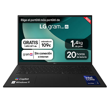 Portátil - LG 17Z90T-G.AD8BB, 17" WQXGA, Intel® Evo™ Edition Core™ Ultra 7-255H, 32 GB RAM, 1 TB SSD, Arc™ GPU, W11H