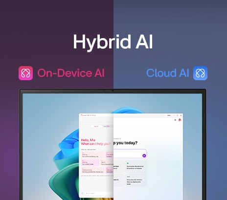 Una imagen de pantalla dividida que muestra "Hybrid AI" con dos modos distintos: "On-Device AI" a la izquierda, representado por un ícono rosa, y "Cloud AI" a la derecha, representado por un ícono azul. La pantalla exhibe una interfaz de AI, simbolizando una funcionalidad fluida de inteligencia artificial en ambos modos.