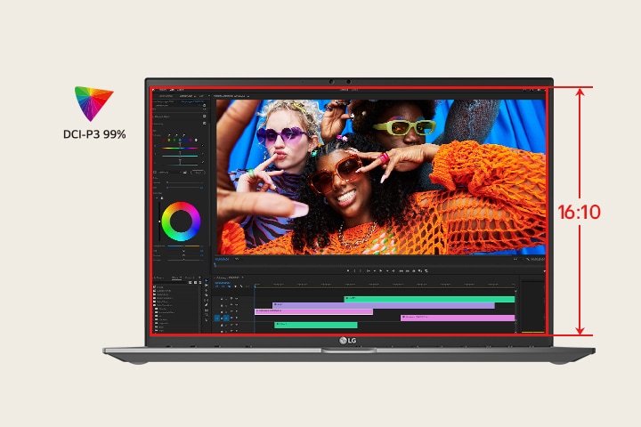 La imagen representa una animación que pasa de una relación de aspecto 16:9 en la pantalla superior a una relación de aspecto 16:10 en la pantalla inferior. El logotipo DCI-P3 99% aparece en la esquina inferior derecha. Esta transformación enfatiza visualmente el espacio vertical adicional que proporciona la relación de aspecto 16:10, ideal para la productividad y la multitarea.