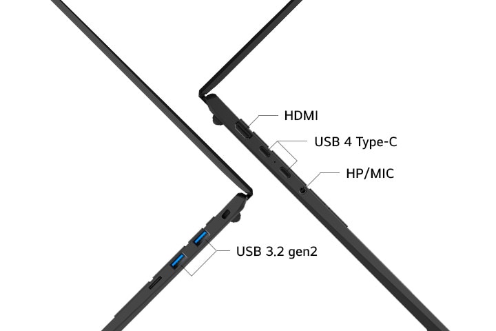 La imagen destaca los puertos laterales de un portátil, incluidos HDMI 2.1, dos USB 4 (Thunderbolt™ 4), dos USB 3.2 gen2 y toma de auriculares/micrófono 3.5mm. Muestra las versátiles opciones de conectividad del portátil.