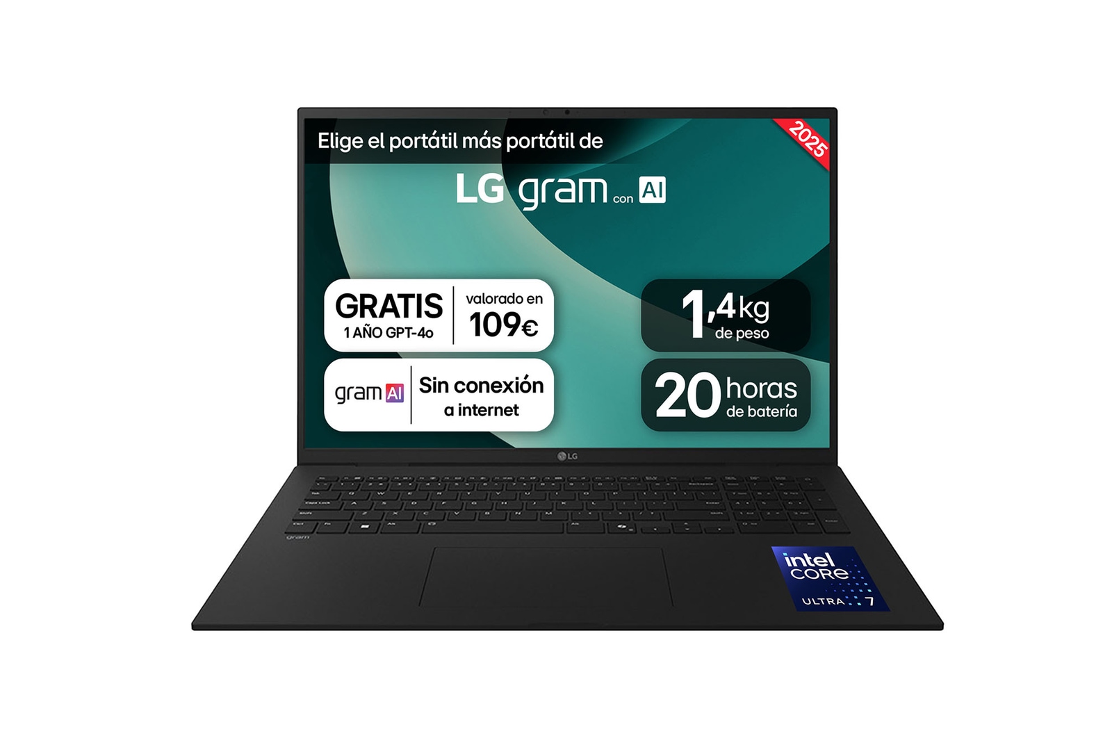 Vista frontal de Portátil 17" LG gram - 17Z90T, Intel® Core™ Arrow Lake, 16 GB RAM, 1 TB SSD, Panel IPS WQXGA (2560x1600), Ligero 1,4 kg,  20 h, Negro 17ZD90T-G.AX78B