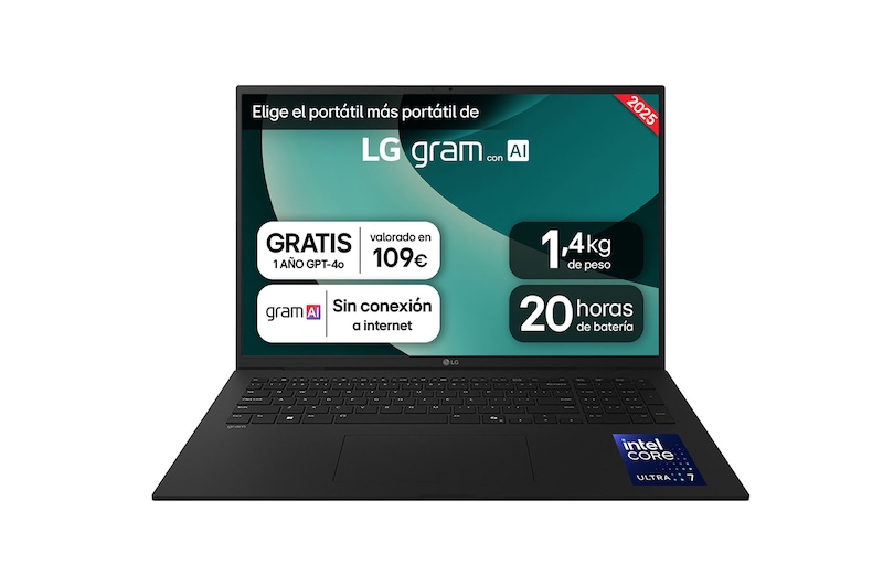 Vista frontal de Portátil 17" LG gram - 17Z90T, Intel® Core™ Arrow Lake, 16 GB RAM, 1 TB SSD, Panel IPS WQXGA (2560x1600), Ligero 1,4 kg,  20 h, Negro 17ZD90T-G.AX78B