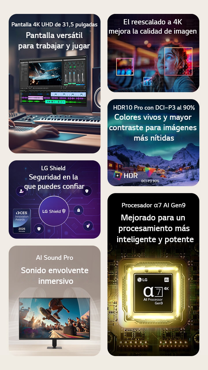 Vídeo de resumen de funciones del LG Smart Monitor que muestra una pantalla 4K UHD de 31,5 pulgadas, la interfaz webOS para trabajar y entretenerse, la mejora visual AI Picture Pro, el audio envolvente AI Sound Pro, el rendimiento del procesador alpha 8 AI Processor 4K Gen3, la conectividad USB‑C para productividad y la tecnología de seguridad LG Shield, aplicado a distintos escenarios de entretenimiento y oficina.