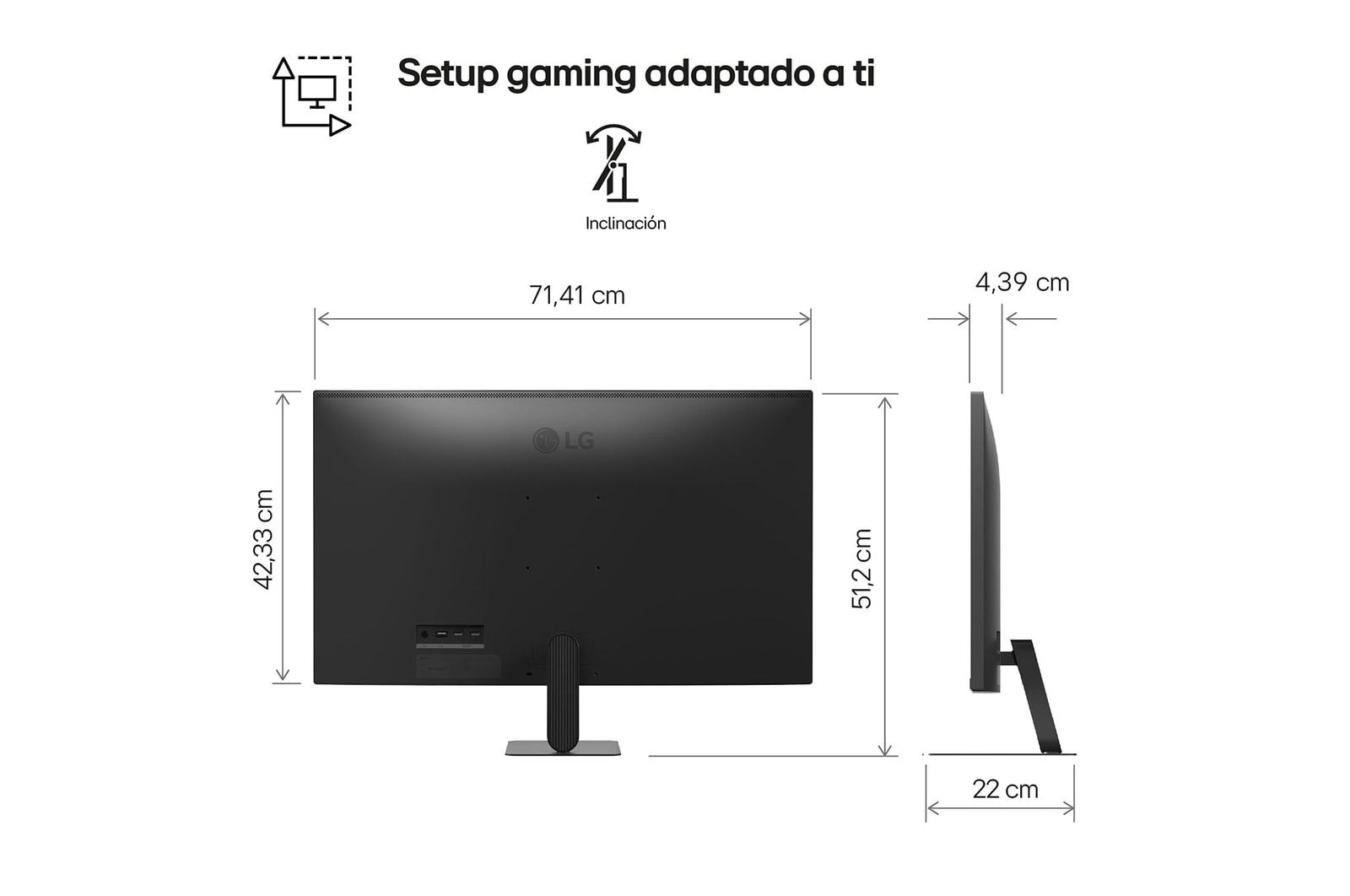 Front and side views of an LG Smart Monitor showing overall product size and proportions.