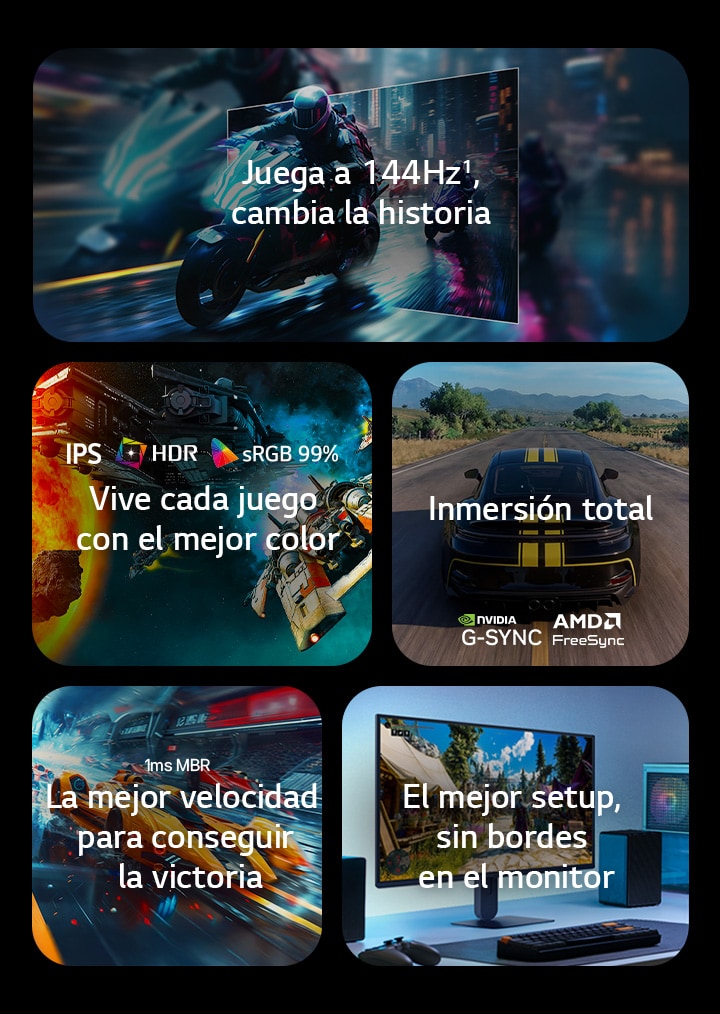 Esta imagen muestra las principales características de un monitor gaming LG, con una tasa de refresco de 144 Hz para un movimiento fluido, pantalla IPS con HDR y sRGB 99 % para colores vivos, juego fluido con NVIDIA G‑SYNC y AMD FreeSync, tiempo de respuesta de 1 ms MBR para partidas rápidas y un diseño prácticamente sin bordes para una experiencia más inmersiva