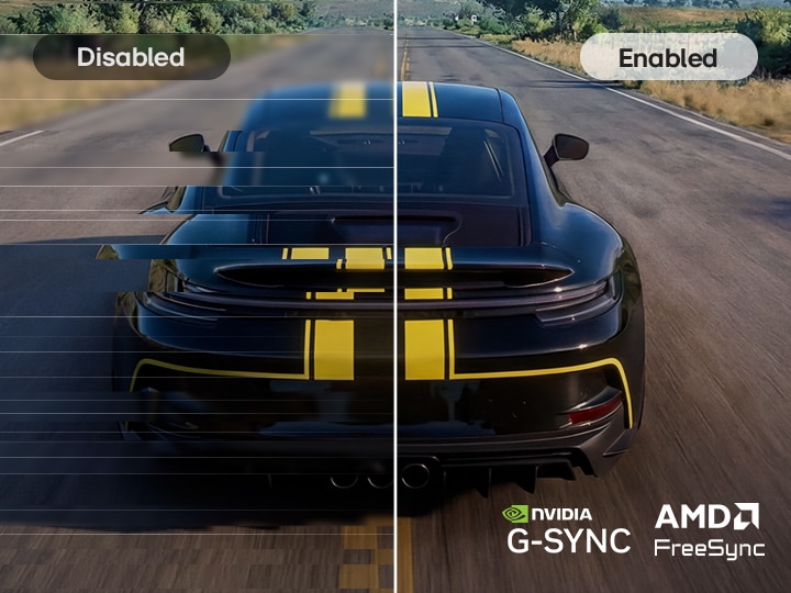 Escena de carreras mostrada en el monitor UltraGear™ 27G414B comparando los modos desactivado y activado, ilustrando un movimiento más suave y una reducción del tearing con soporte NVIDIA G‑SYNC y AMD FreeSync.