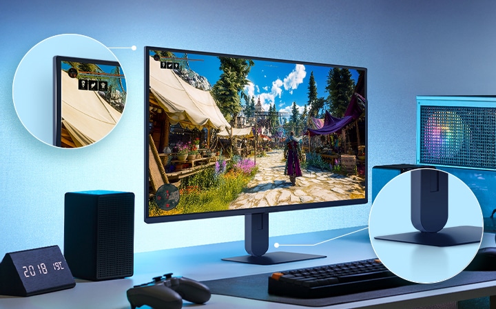 This image shows an UltraGear™ gaming monitor on a desk setup displaying a game scene, with zoomed-in highlights emphasizing the borderless display design and a sleek floating-like stand.