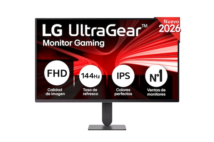 This image shows the front view of the LG UltraGear G4 27-inch gaming monitor, featuring IPS display with FHD (1920×1080) resolution, a 144Hz refresh rate, and 1ms MBR, emphasizing fast performance and smooth gameplay for gaming use.