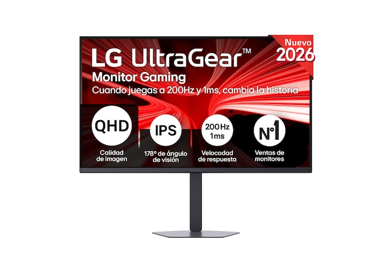 Vista frontal de Monitor Gaming LG Ultragear 32", QHD, 200Hz, 1ms 32G620B-B
