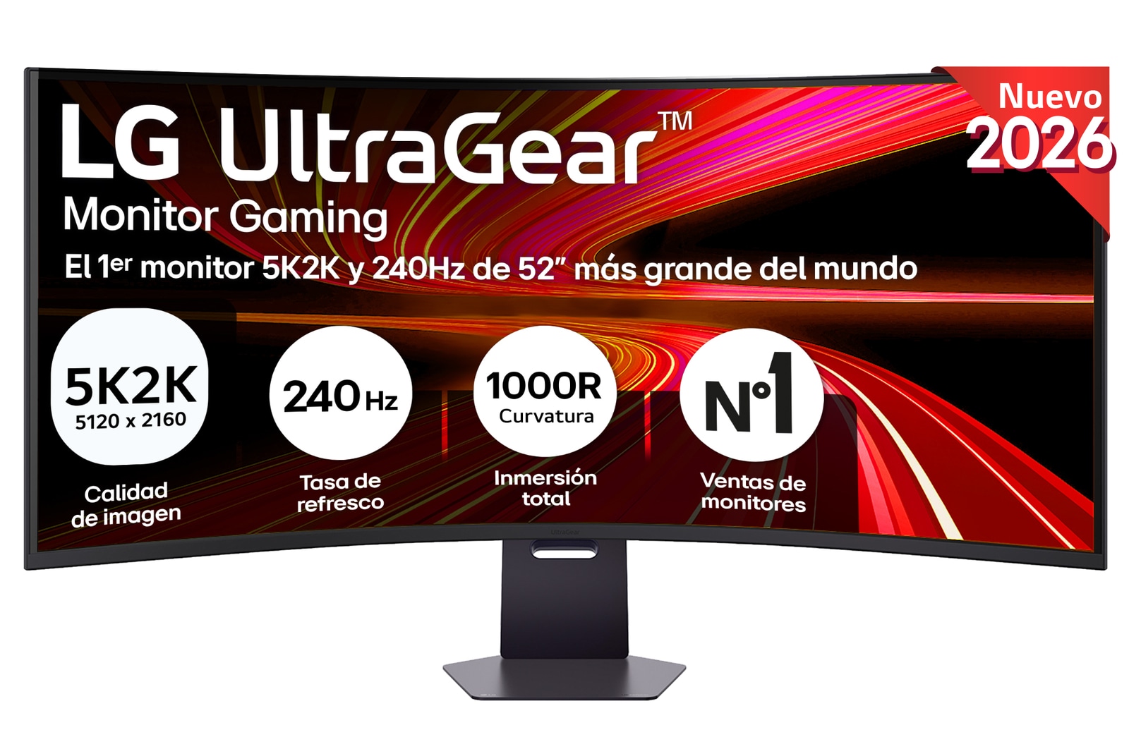 Vista frontal de Monitor Gaming LG UltraGear 52", 5K2K, 240 Hz, 1ms, Displayport 2.1, curvo 1000R 52G930B-B