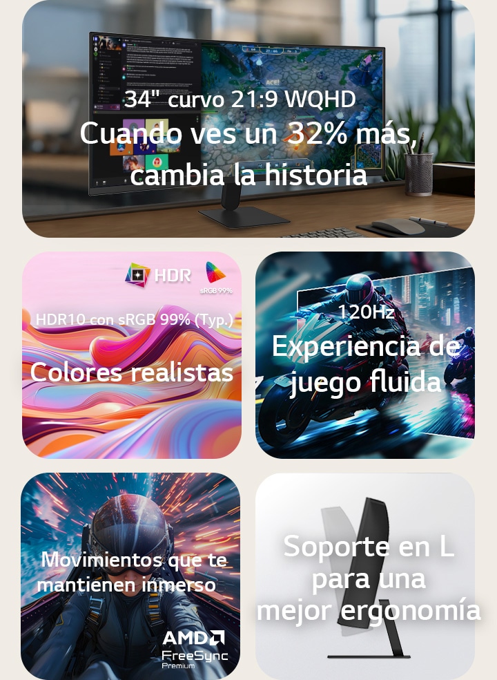Monitor LG UltraWide curvo con pantalla WQHD de 34”, HDR10 con sRGB 99% para una gran precisión de color, frecuencia de actualización de 120Hz para mayor fluidez, compatibilidad con AMD FreeSync™ y un soporte delgado con ajuste de inclinación para una experiencia inmersiva y una multitarea más eficiente.