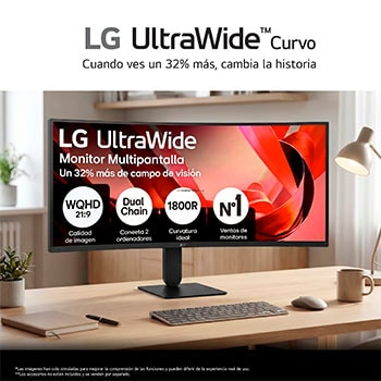Top view of LG UltraWide Curved monitor showing curved panel shape and stand mounting structure.