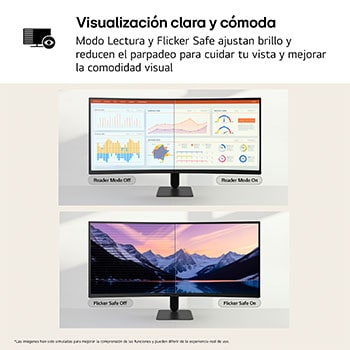 LG UltraWide Curved monitor demonstrating Reader Mode and Flicker Safe features for reduced eye strain.
