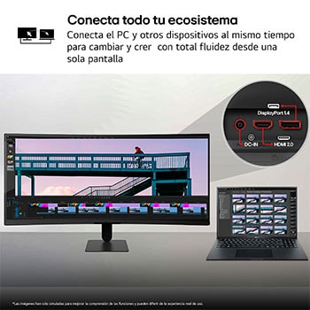 LG UltraWide Curved monitor showing LG Switch app interface for screen layout control and picture mode adjustment.