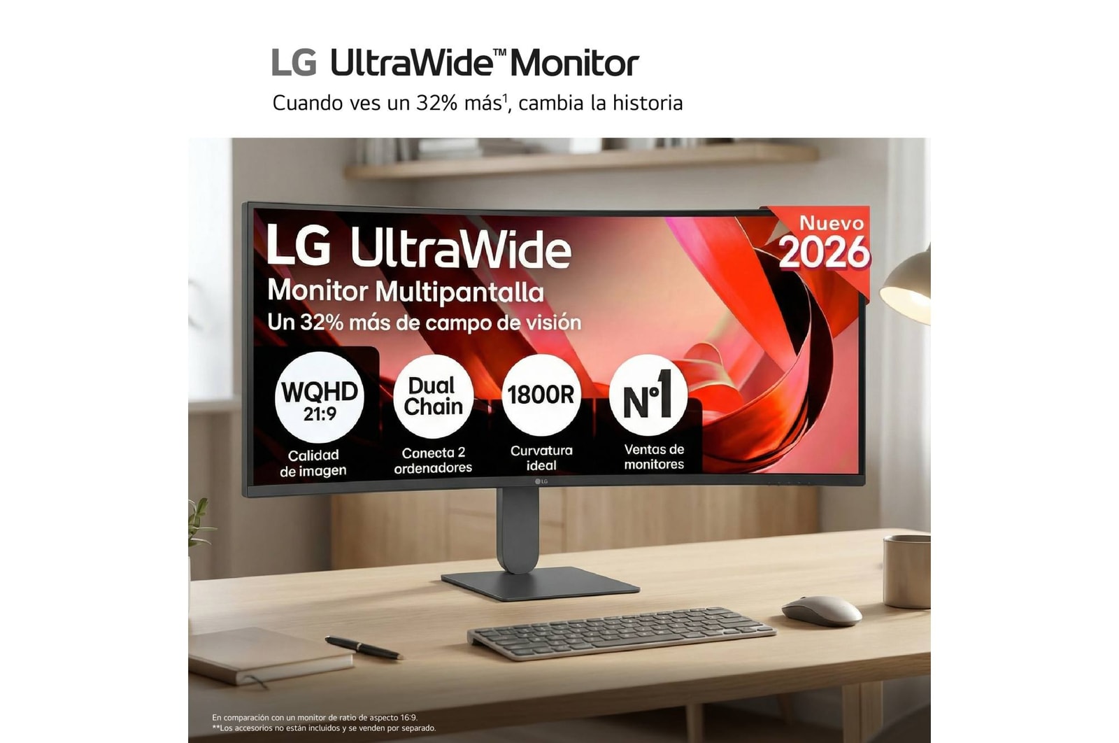 Top-down view of clutter-free desk setup with close-up of slim stand and icons for height, swivel, and tilt adjustment