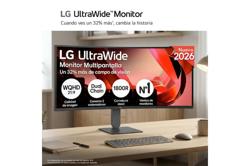 Top-down view of clutter-free desk setup with close-up of slim stand and icons for height, swivel, and tilt adjustment