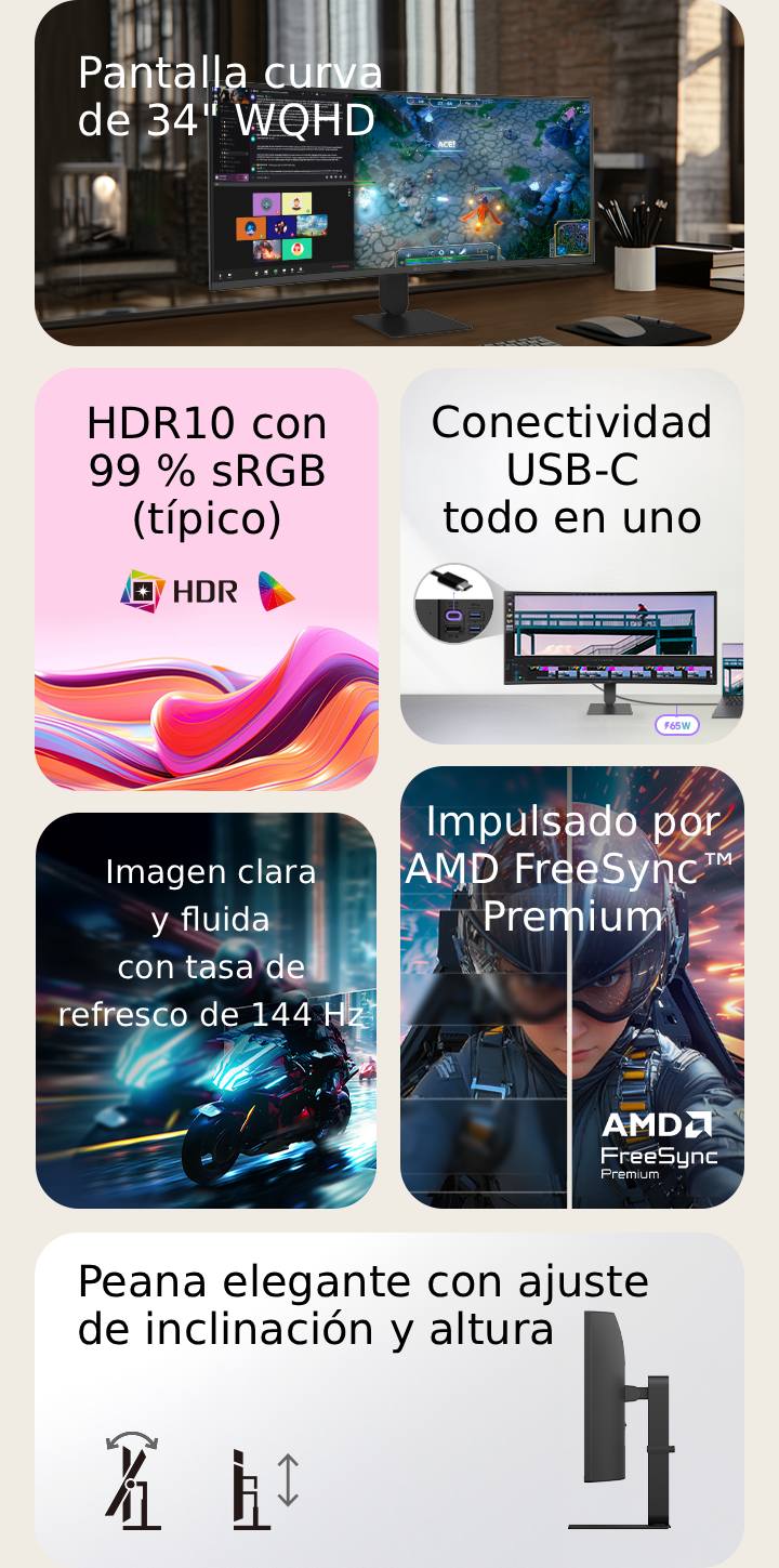 Descripción general de funciones del monitor LG UltraWide curvo, con una pantalla curva WQHD de 34 pulgadas, HDR10 con precisión de color sRGB del 99 %, conectividad USB-C todo en uno, frecuencia de actualización fluida de 144 Hz, compatibilidad con AMD FreeSync y un soporte estilizado con ajuste de inclinación y altura para una experiencia de juego inmersiva y una multitarea eficiente.