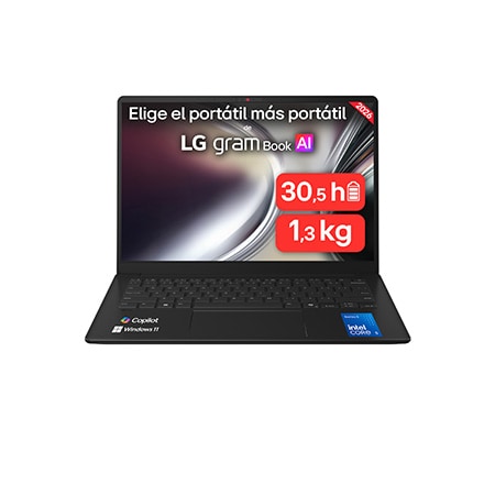 Portátil 14″ LG gramBook 14U40V, Windows 11 Home, Intel® Core™ C5 315 , 16 GB RAM , 512GB SSD, Intel® graphics , Pantalla IPS (1920*1200),ligero, 1.299 g , 30.5 horas, AI,Negro – 14U40V-G.AA65BN