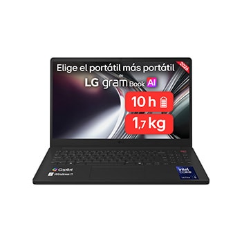 Vista frontal de Portátil 15" LG gramBook 15U50U, Windows 11 Home, Intel® Core™ Ultra 5, 16 GB RAM , 512 GB SSD, Pantalla IPS (1920*1080), ligero, 1.700 g, 10 horas, AI, Negro carbón 15U50U-G.AA55BN