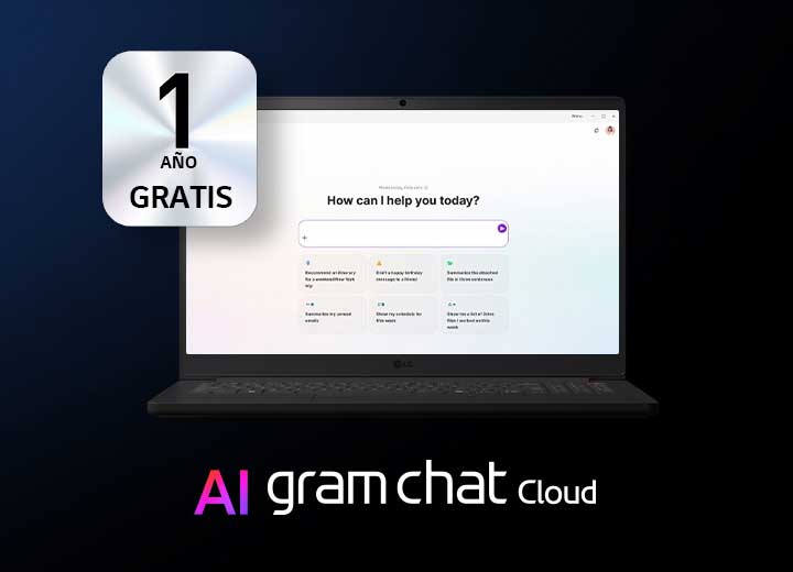 La interfaz de LG gram Chat, el asistente de IA en la nube, se muestra en la pantalla de un portátil, destacando los servicios de AI basados en la nube junto con un distintivo que indica una prueba gratuita de 1 año.