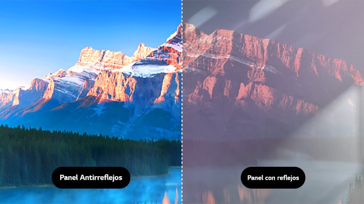 Comparación lado a lado entre un panel antirreflejos y un panel con reflejos. El panel antirreflejos muestra un paisaje montañoso claro y vibrante, con colores brillantes, detalles nítidos y sin reflejos, ofreciendo una alta visibilidad y claridad de imagen. En cambio, el panel con reflejos aparece borroso y deslavado debido a los brillos y reflejos, con colores apagados y visibilidad reducida que dificulta apreciar los detalles.